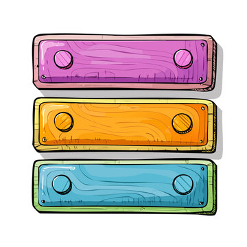 Three colorful wooden buttons with round pegs for interactive user interface design elements