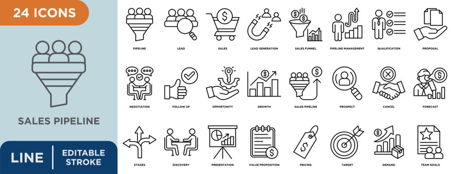 Sales pipeline line icon set with editable stroke for pipeline, lead, sales, lead generation, sales funnel, pipeline management