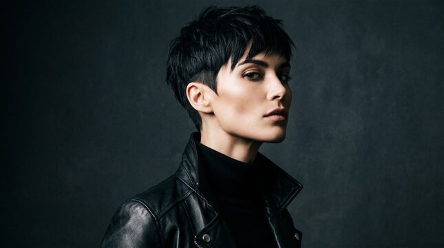 Confident, stylish woman with edgy short black pixie cut hair, high cheekbones, sleek black leather jacket, turtleneck, gazing determinedly against a dark studio background, embodying modern