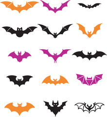 Obraz premium Halloween Bat Silhouette Clipart Bundle, Spooky Bat Vector Collection, Black Orange Purple Bat Shape Illustration Set