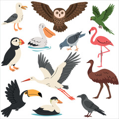 Obraz premium Flat vector illustration of various wild animals and birds, including an owl, falcon, flamingo, and toucan, on a white background. Vector illustration