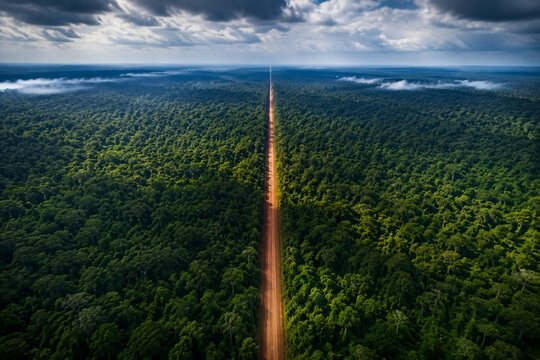 Aerial view of a dirt road cutting through a dense tropical rainforest.