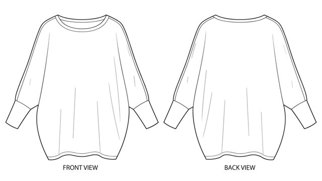 Batwing sleeve oversized cocoon sweater flat technical drawing illustration mock-up template for design and tech packs women fashion CAD streetwear