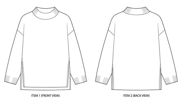 Side slit mock neck sweater with ribbed details flat technical drawing illustration mock-up template for design and tech packs unisex fashion CAD streetwear