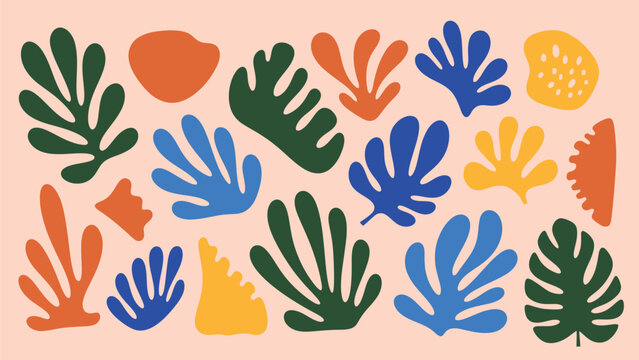 Matisse Inspired Abstract Organic Shapes Collection with Colorful Leaf Cutouts and Blobs on Neutral Background
