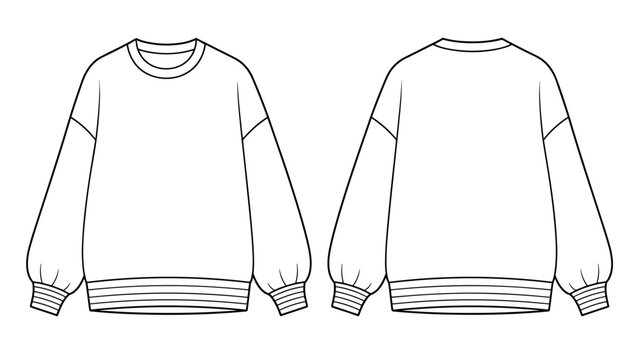 Balloon sleeve sweatshirt with striped rib hem flat technical drawing illustration mock-up template for design and tech packs women fashion CAD streetwear
