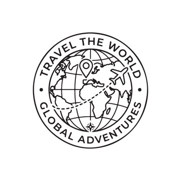 Travel the World Global Adventures Circular Line Art Logo with Earth Globe Airplane and Map Pin Icon