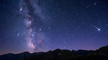 Fototapeta premium Milky Way galaxy and meteor shower over a dark mountain forest at night