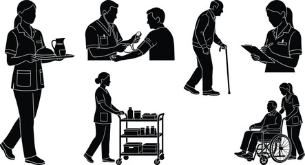 Healthcare worker silhouettes assisting elderly patients with wheelchair medical cart and blood pressure check © Zinnah