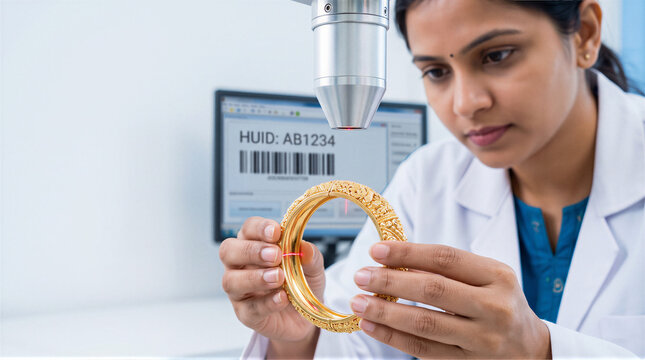 Indian Quality Assurance Technician Laser Hallmarking HUID Code on 22k Gold Bangle