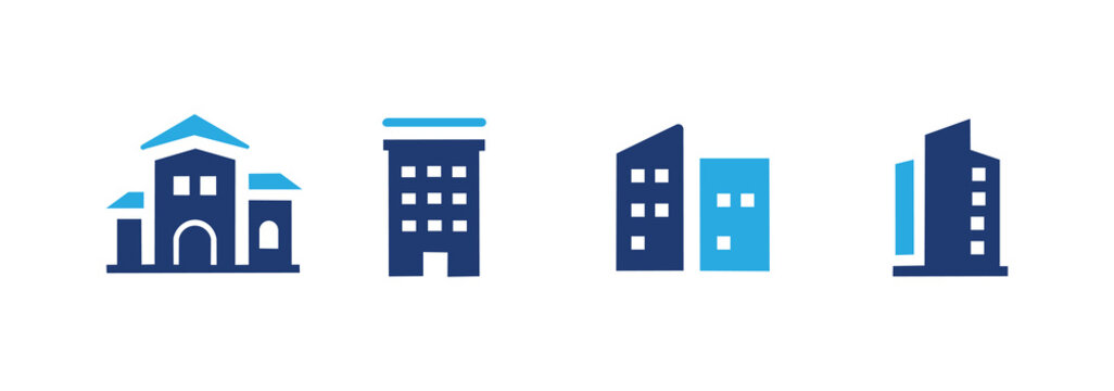 House icon set. Contains mansion, condo, apartment, and skyscraper icons. Real estate symbol collection.