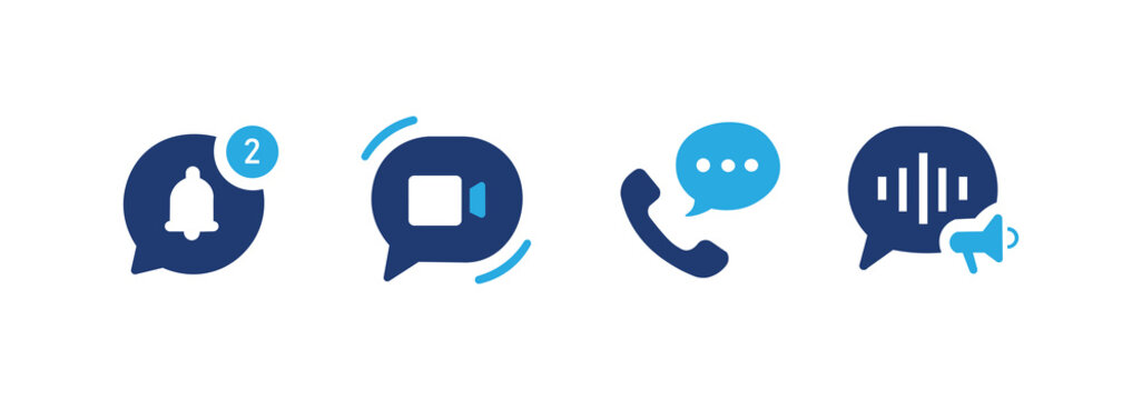 Chat icon set. Contains notification, video call, phone call, and voice call icons. Collection of communication symbols.