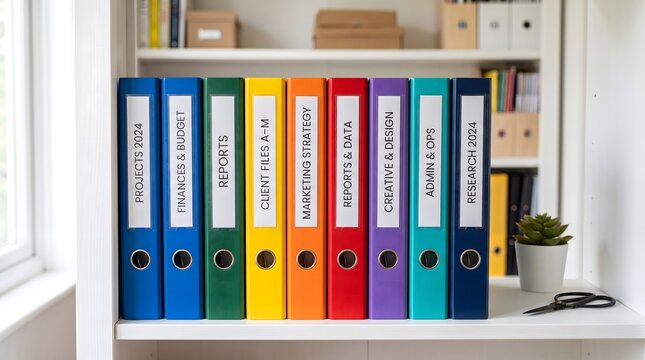 Row of brightly colored office ring binders labeled with business categories stand neatly organized on a clean white shelf during a sunny bright afternoon work day