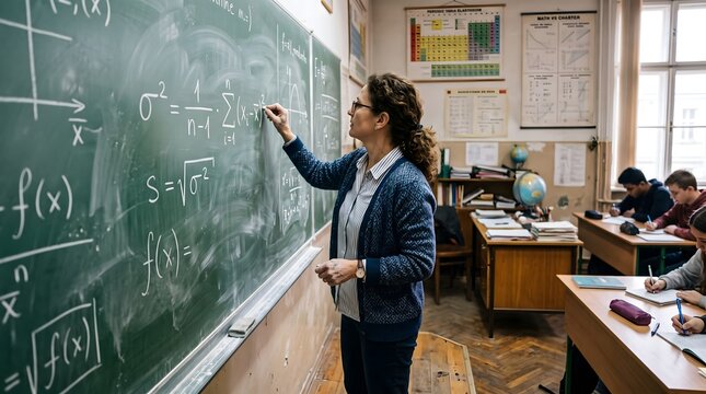 Experienced female math teacher wearing glasses writes complex statistical formulas on a large green chalkboard while students work diligently at their wooden desks in school