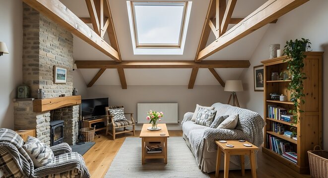 Cozy rustic attic living room interior with exposed wooden beams and skylight interior skylight architecture renovation furniture lifestyle coziness