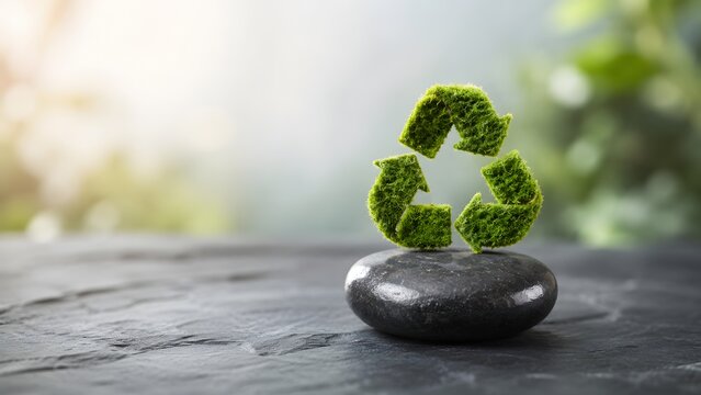 Sustainable eco friendly recycling symbol made of green moss on stone representing environmental conservation and zero waste lifestyle