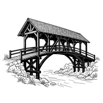 Vintage wooden covered bridge over a river line art illustration