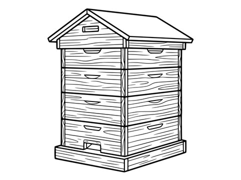 Wooden Beehive Line Art Illustration for Coloring Page