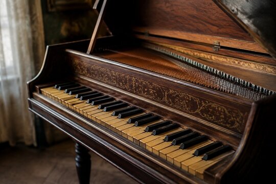 Antique harpsichord with yellowed keys and open lid revealing strings.