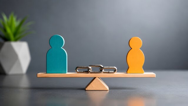 Business partnership equality concept featuring wooden figures connected by chain balancing on seesaw representing teamwork and negotiation