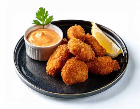 a plate of fried food with a dipping sauce and a lemon wedge