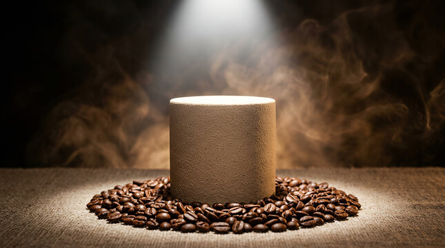 Cylindrical Podium with Coffee Beans and Dramatic Spotlight