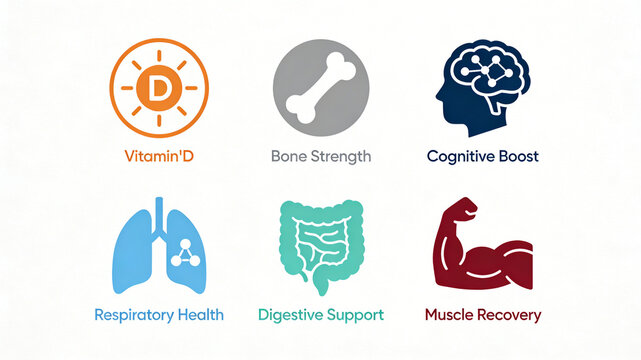 Flat display of human body functions and nutrient icons, representing bone maintenance, cognitive enhancement, and comprehensive nutritional supplementation throughout the body.
