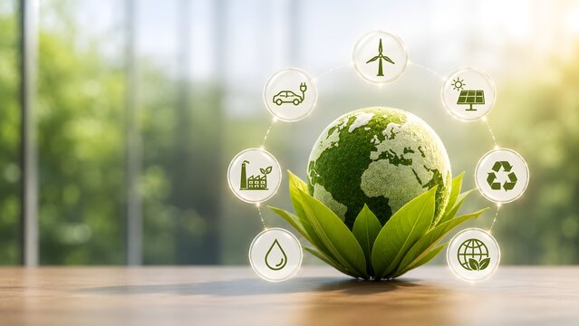 Global sustainability esg corporate goals concept featuring green earth globe inside leaves surrounded by eco friendly environmental icons