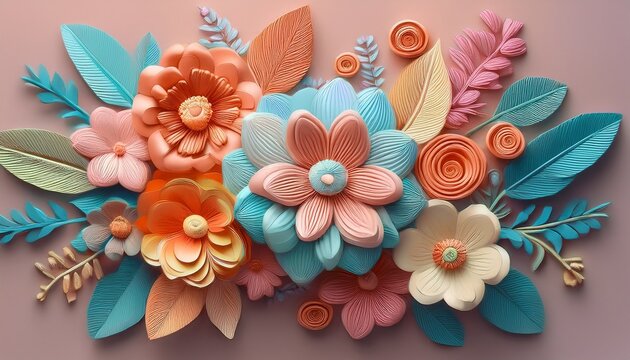 artistic 3d clay flower bouquet on a pastel background