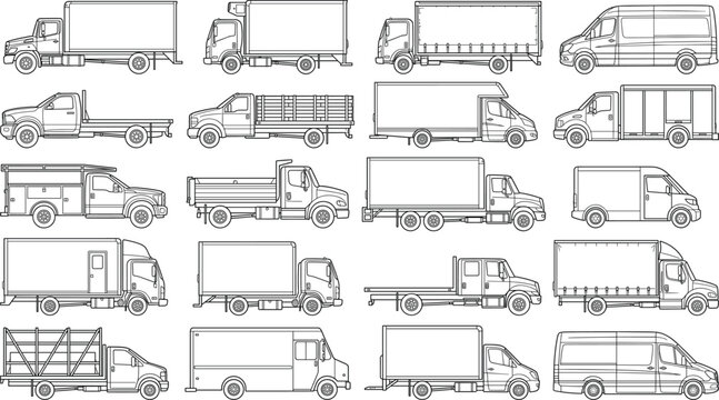 Commercial Delivery Truck and Cargo Van Outline Vector Collection with Utility Service Vehicle Side View Illustrations