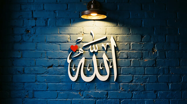 White arabic calligraphy allah on blue tiled background