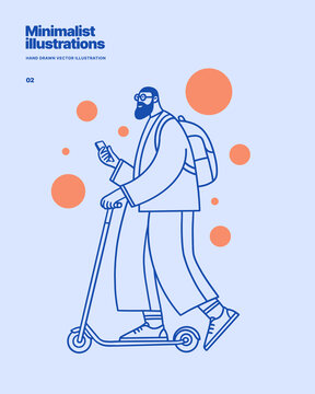 Bearded man riding an electric scooter while using a smartphone and wearing a backpack. Minimal line illustration for urban mobility, commuting, transport, apps, websites, and advertising.