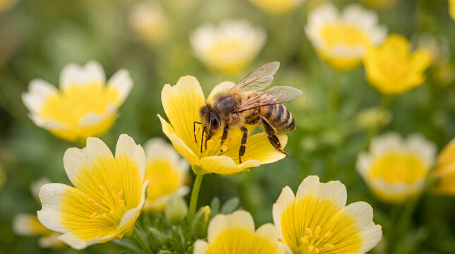 A close-up shot of a honey bee foraging on a bright yellow poached egg flower in a sunlit meadow during the springtime.