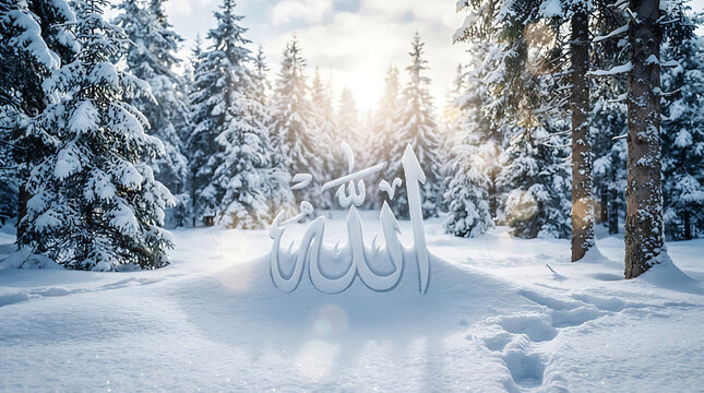 Arabic word allah carved in snow, winter forest scene