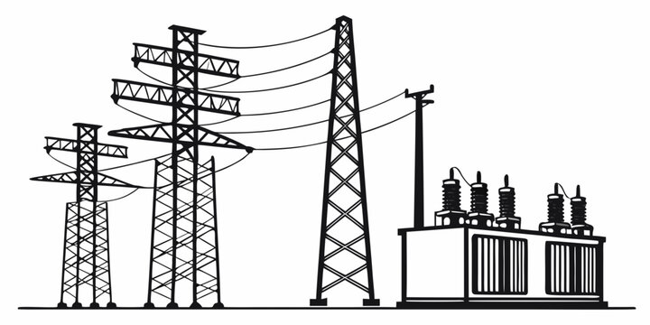 Detailed black and white of power distribution substation with transmission towers electrical grid voltage