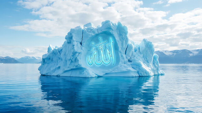 Blue iceberg with arabic calligraphy in icy ocean