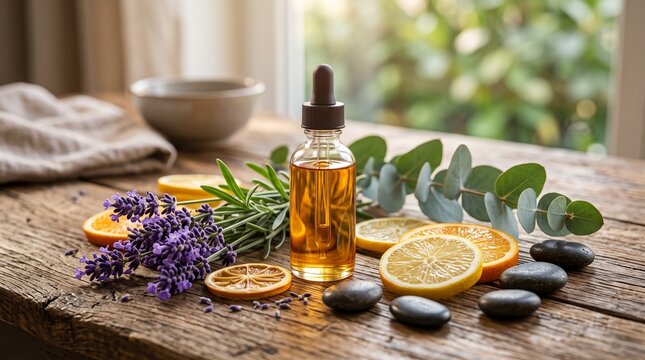 Glass dropper bottle filled with amber essential oil surrounded by lavender flowers, eucalyptus leaves, citrus slices, and spa stones on a wooden surface, aromatherapy and wellness concept.