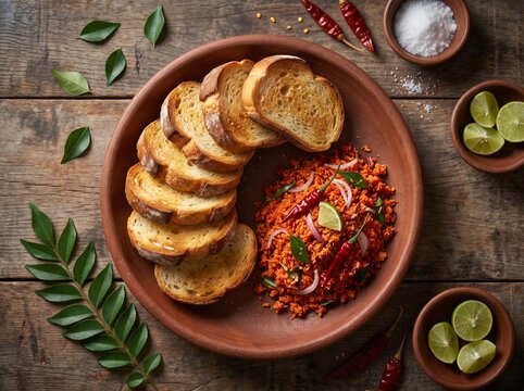 A high-quality top-down shot of traditional Sri Lankan crusty roast bread (Kade Paan) served with fresh, spicy orange-red coconut sambol (Pol Sambol) on a rustic clay plate and dark wooden table backg