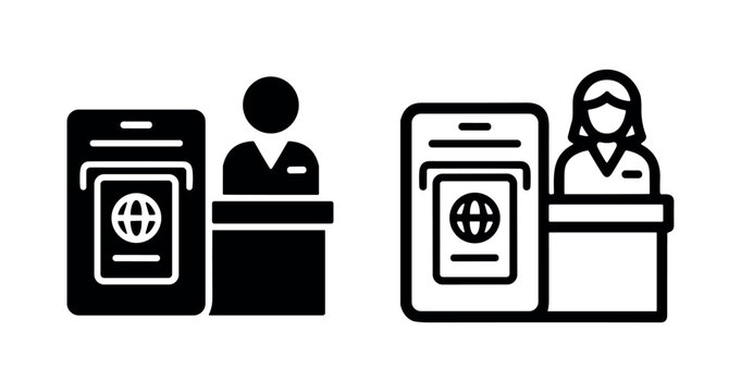 Immigration officer checking passport at border control icon.