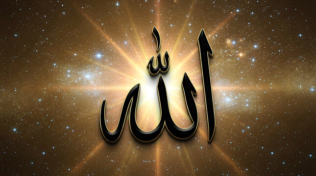 Glowing arabic calligraphy of the word allah in gold