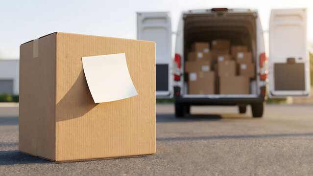 Blank Sticky Note on Shipping Package Near Open Delivery Van Loading Area