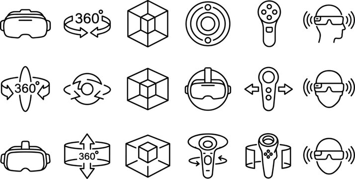 Virtual reality and augmented reality outline icon collection featuring VR headset, 360 viewing, controller, immersive technology and metaverse vector set