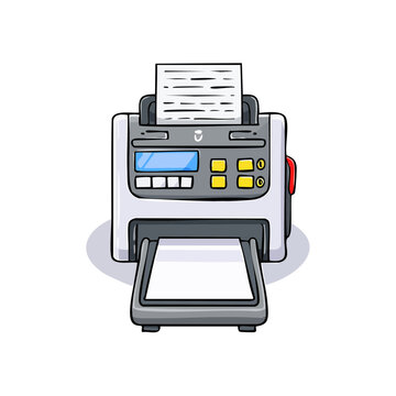 Retro fax machine with paper feed and control panel, cartoon illustration