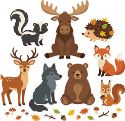 Obraz premium Cute woodland animals collection featuring moose, bear, fox, deer, wolf, skunk, hedgehog, and squirrel isolated on white background flat vector illustration.