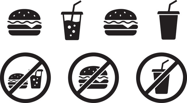 No food or drinks allowed icons burger and beverage prohibition symbols