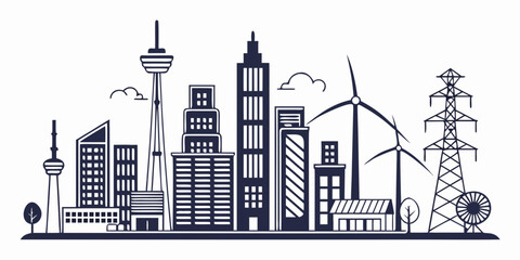 Fototapeta premium Black and white line of smart electric city infrastructure with power lines, wind turbines, and buildings