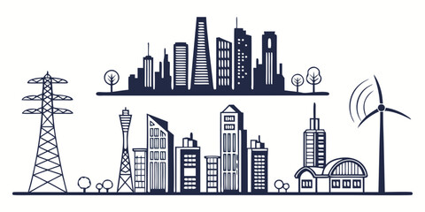 Obraz premium Black and white of smart electric city skyline with iconic landmarks and power lines electricity towers