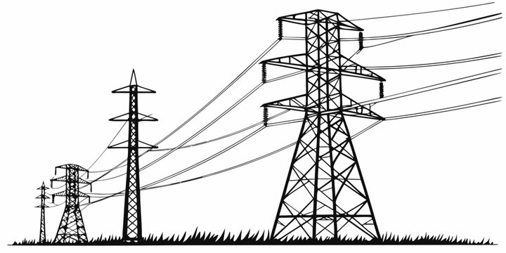 Black and white line of electricity transmission towers and power lines line infrastructure