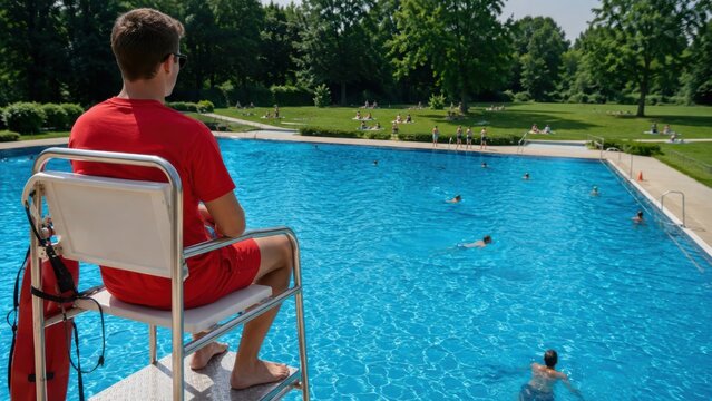 Bademeister &uuml;berwacht vom Hochsitz ein gut besuchtes Freibad in Deutschland. Die sommerliche Szene steht f&uuml;r Sicherheit, Aufsicht und entspannten Badespa&szlig;.