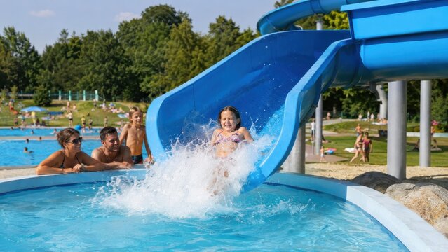 Kind rutscht lachend eine gro&szlig;e blaue Wasserrutsche im Freibad hinunter, w&auml;hrend die Familie zusieht und den sonnigen Sommertag in Deutschland genie&szlig;t.